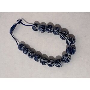 Blue & White Shou Longevity Bracelet | Adjustable Asian-Inspire Porcelain Beads